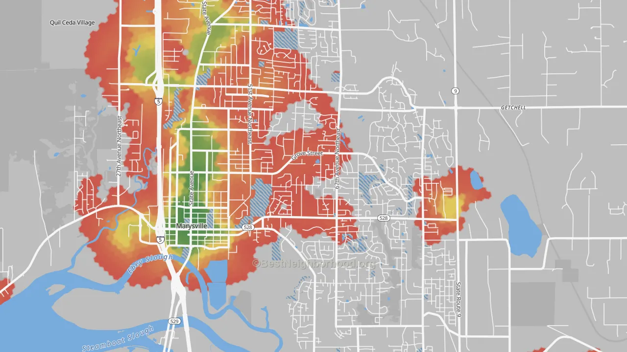 Walk Grade map of 98270, WA, walkable areas in green and car-dependent areas in red