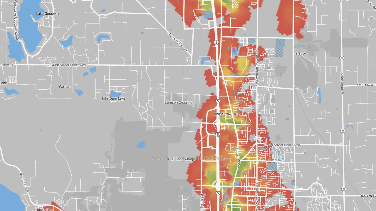 Walk Grade map of 98271, WA, walkable areas in green and car-dependent areas in red
