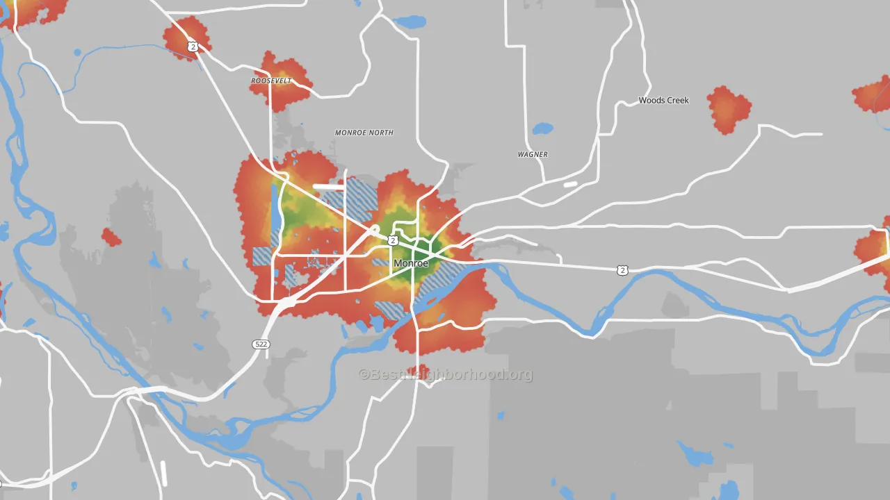 Walk Grade map of 98272, WA, walkable areas in green and car-dependent areas in red