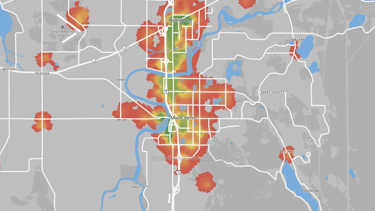 Walk Grade map of 98273, WA, walkable areas in green and car-dependent areas in red