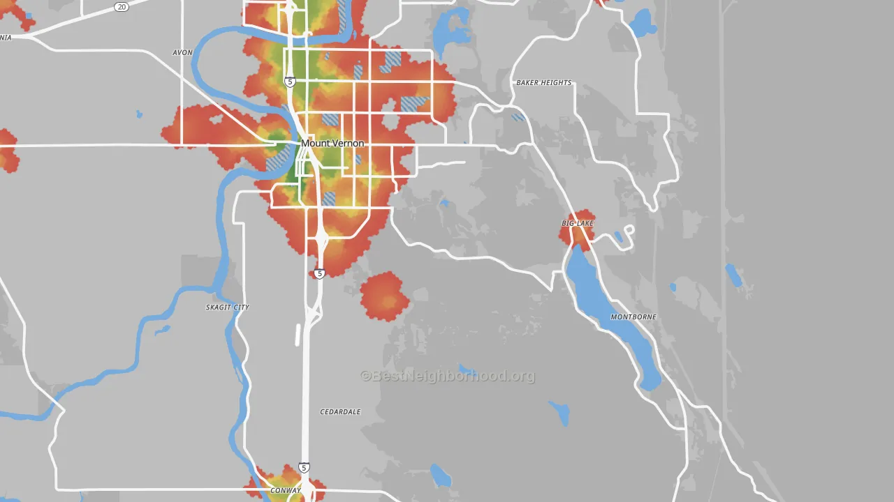 Walk Grade map of 98274, WA, walkable areas in green and car-dependent areas in red