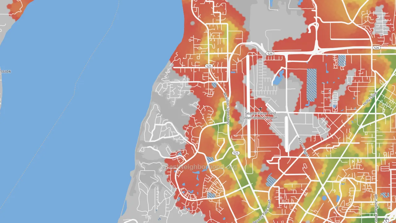 Walk Grade map of 98275, WA, walkable areas in green and car-dependent areas in red