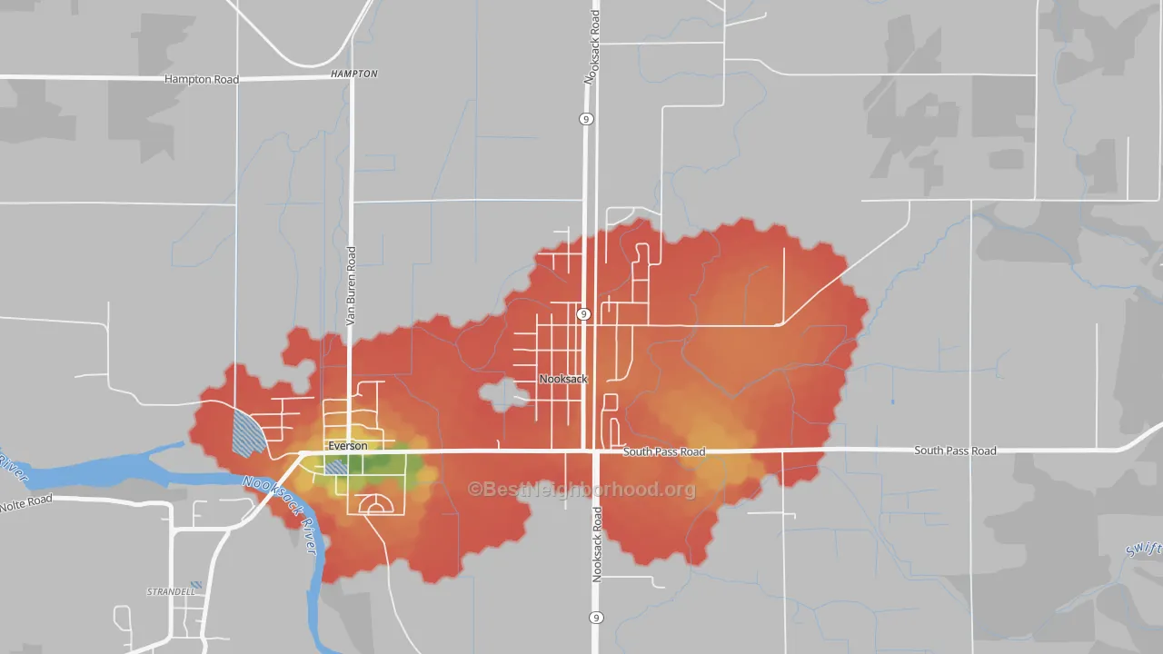Walk Grade map of 98276, WA, walkable areas in green and car-dependent areas in red
