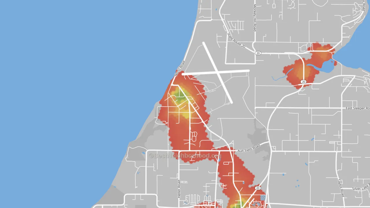 Walk Grade map of 98278, WA, walkable areas in green and car-dependent areas in red