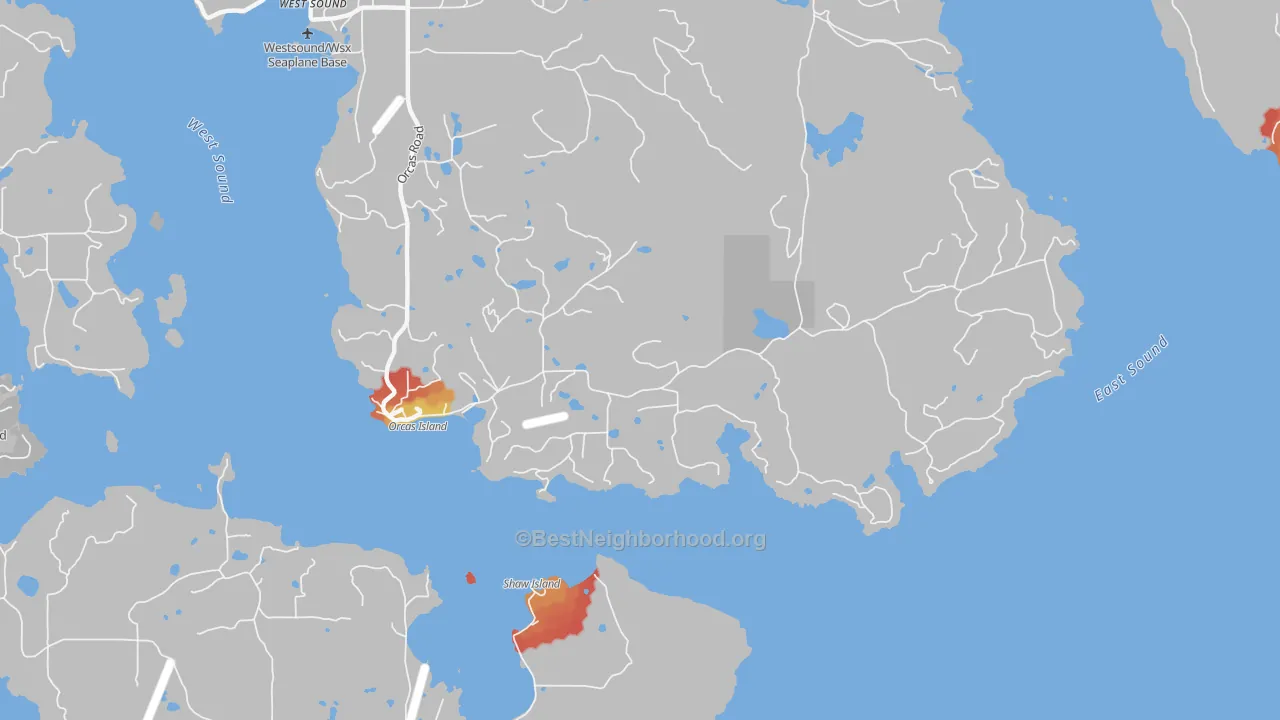 Walk Grade map of 98280, WA, walkable areas in green and car-dependent areas in red