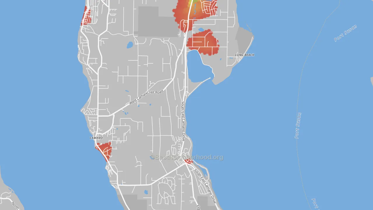 Walk Grade map of 98282, WA, walkable areas in green and car-dependent areas in red