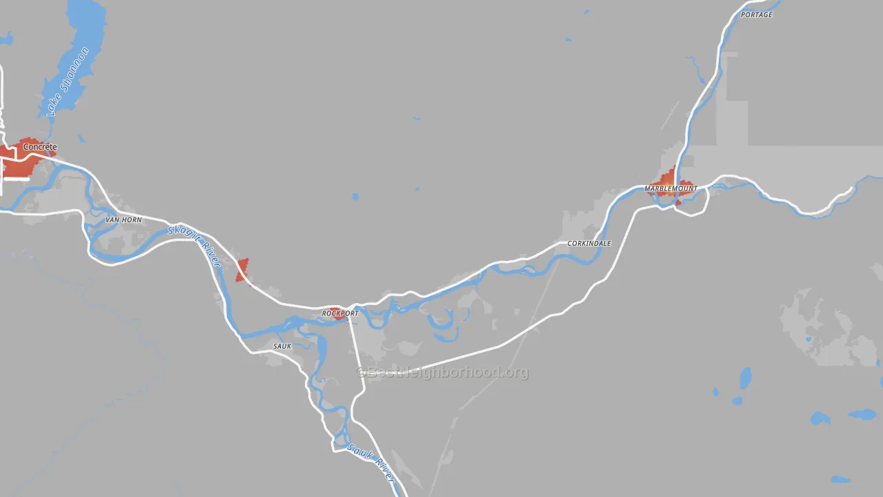 Walk Grade map of 98283, WA, walkable areas in green and car-dependent areas in red