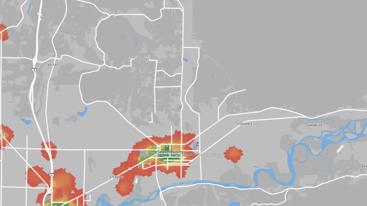 Walk Grade map of 98284, WA, walkable areas in green and car-dependent areas in red