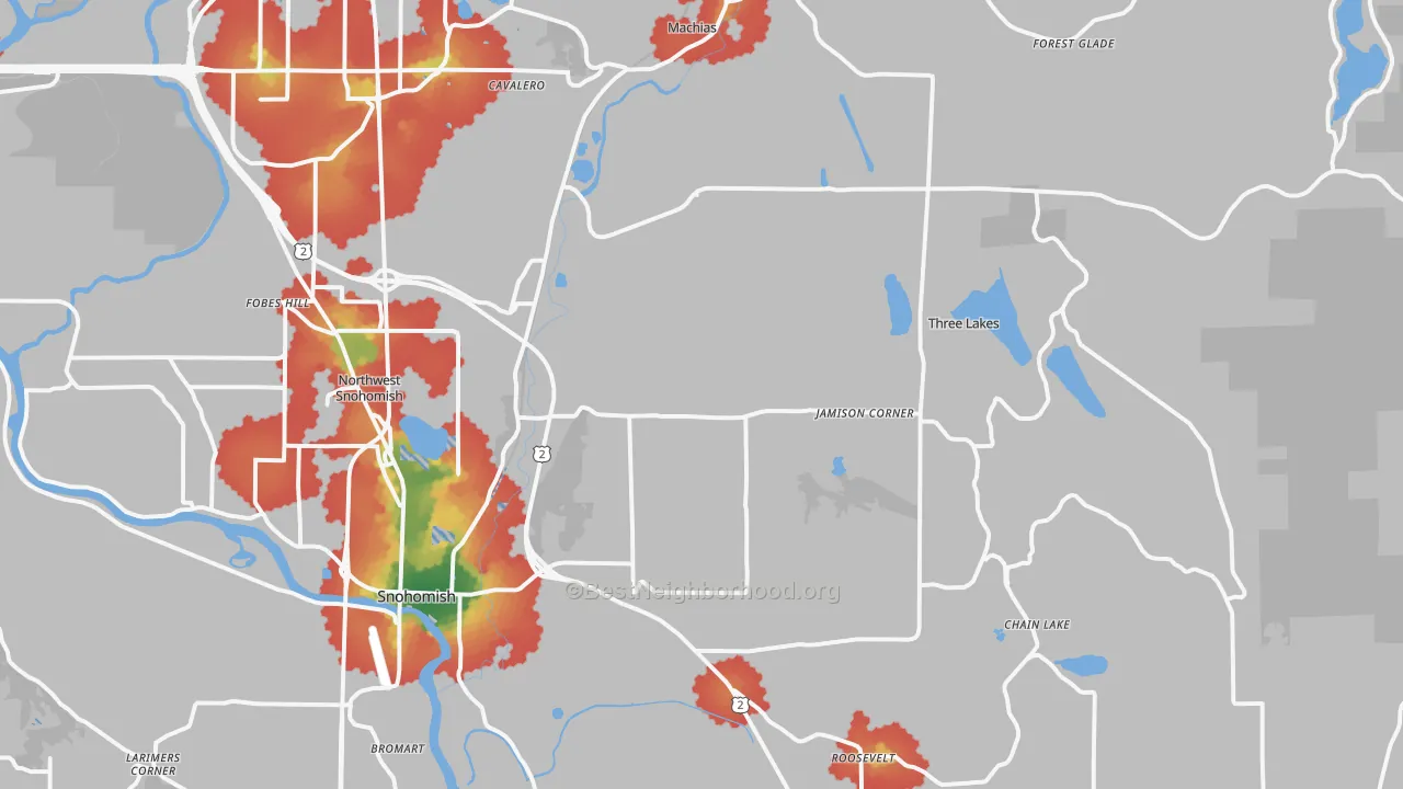 Walk Grade map of 98290, WA, walkable areas in green and car-dependent areas in red
