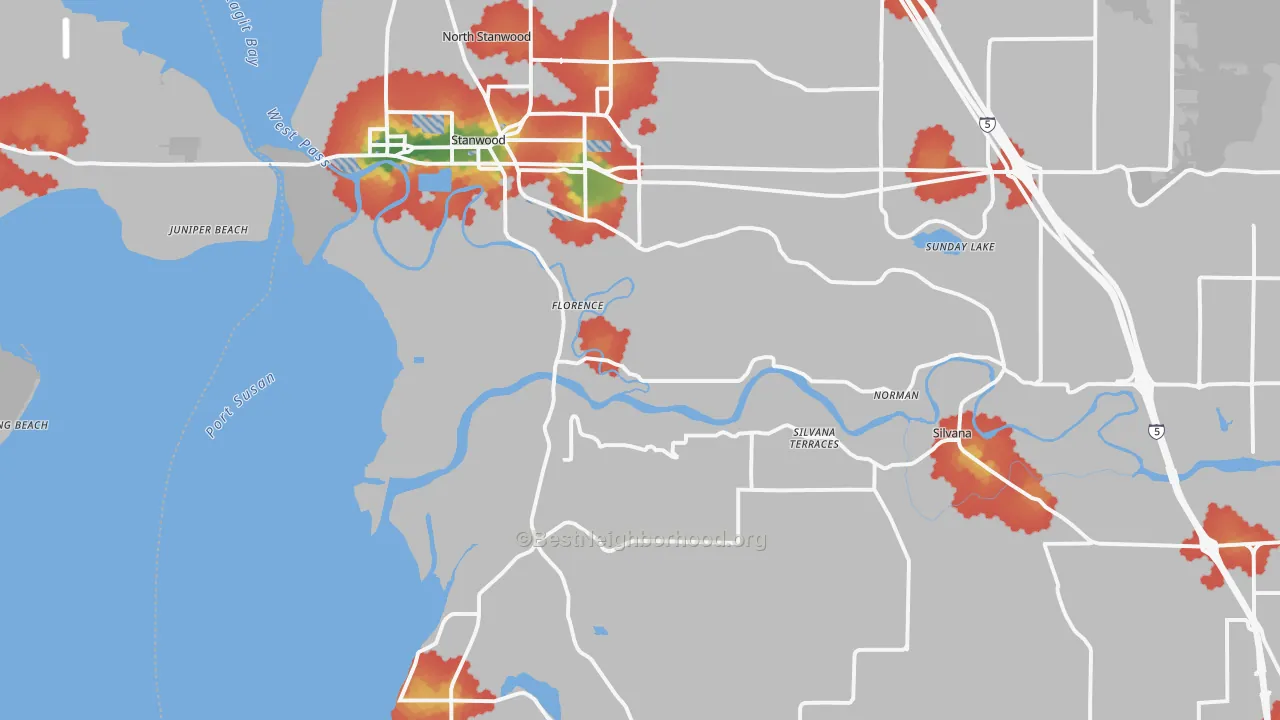 Walk Grade map of 98292, WA, walkable areas in green and car-dependent areas in red