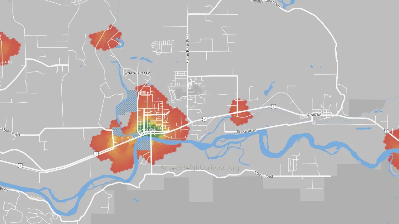 Walk Grade map of 98294, WA, walkable areas in green and car-dependent areas in red