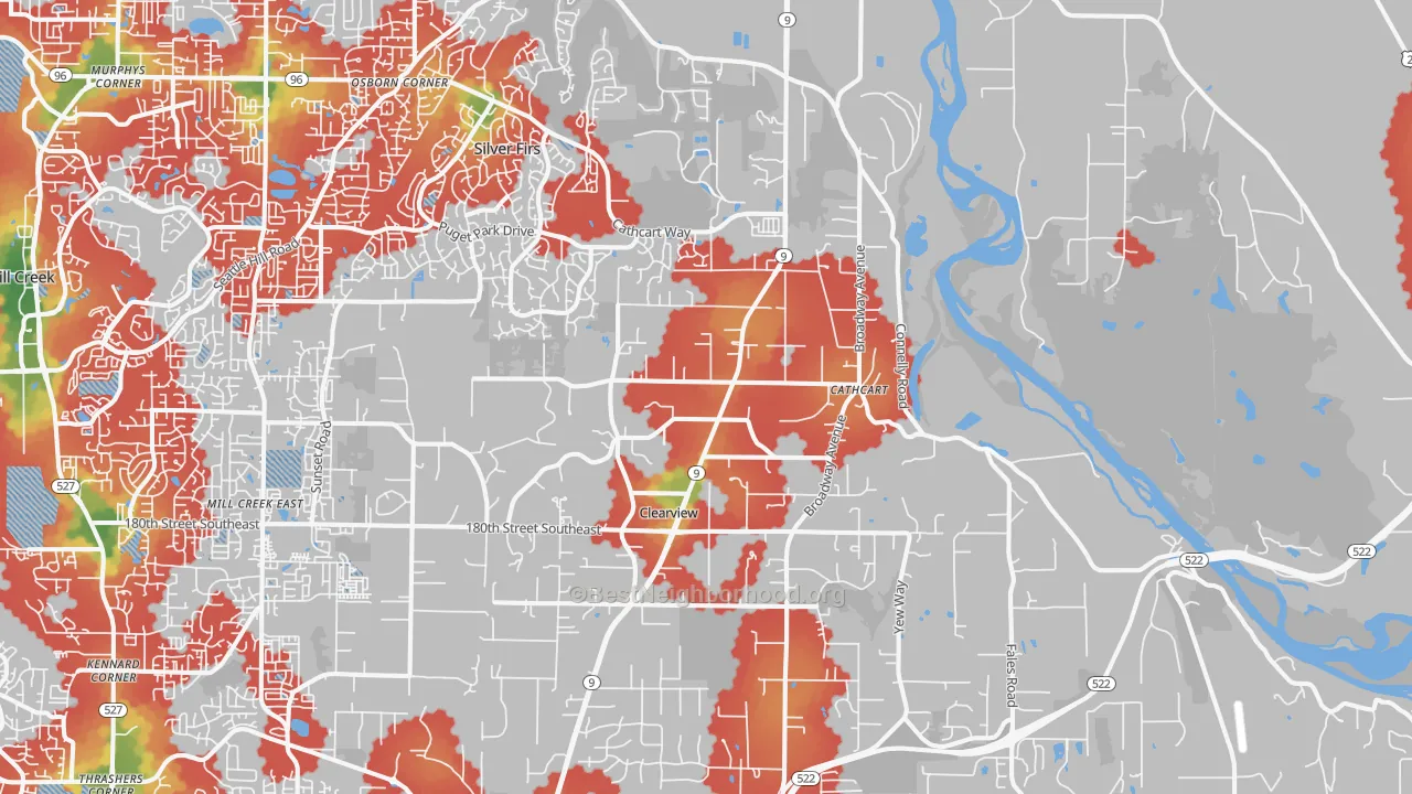 Walk Grade map of 98296, WA, walkable areas in green and car-dependent areas in red