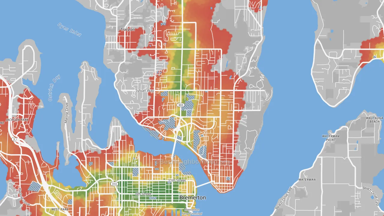 Walk Grade map of 98310, WA, walkable areas in green and car-dependent areas in red