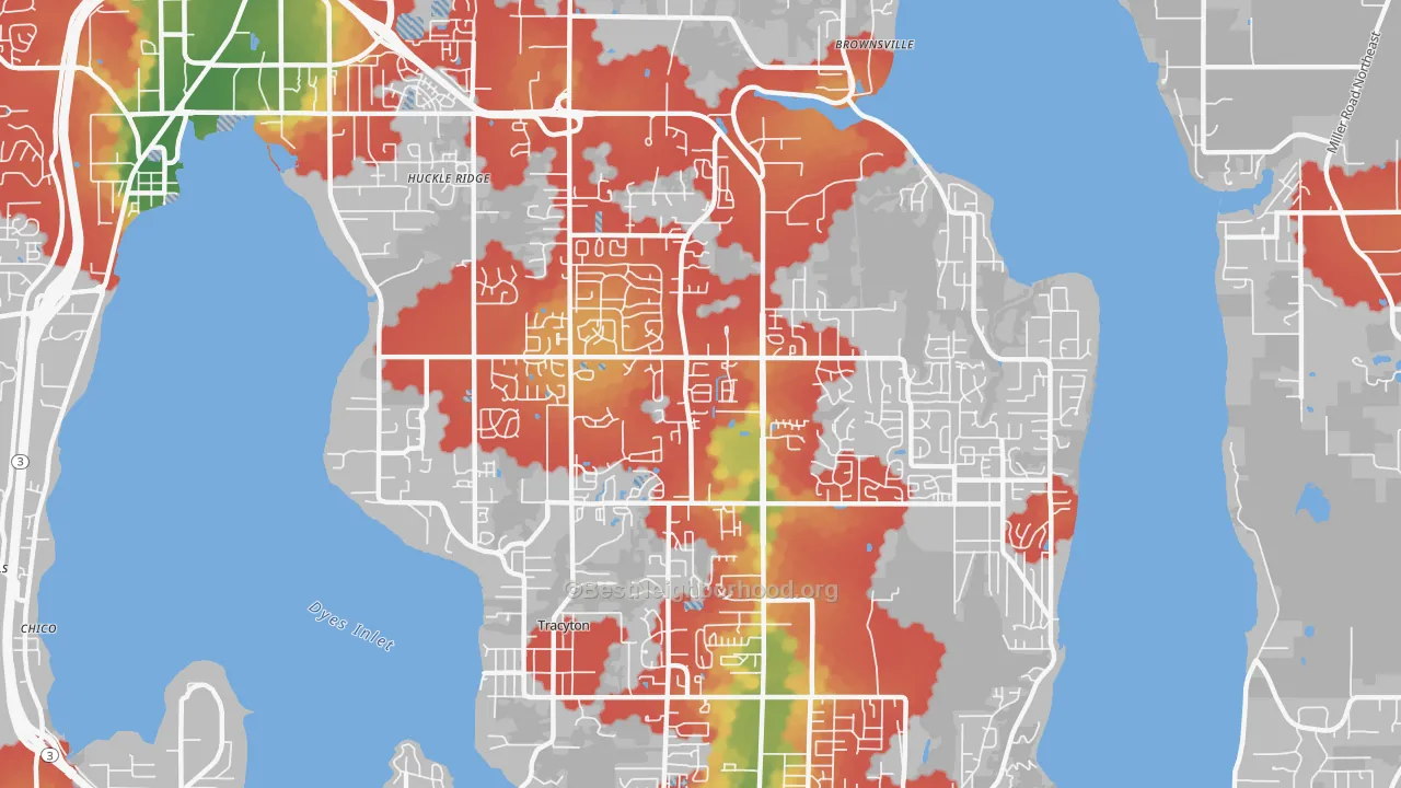 Walk Grade map of 98311, WA, walkable areas in green and car-dependent areas in red