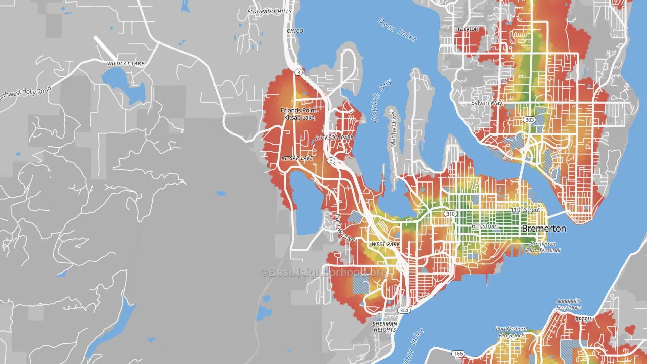 Walk Grade map of 98312, WA, walkable areas in green and car-dependent areas in red