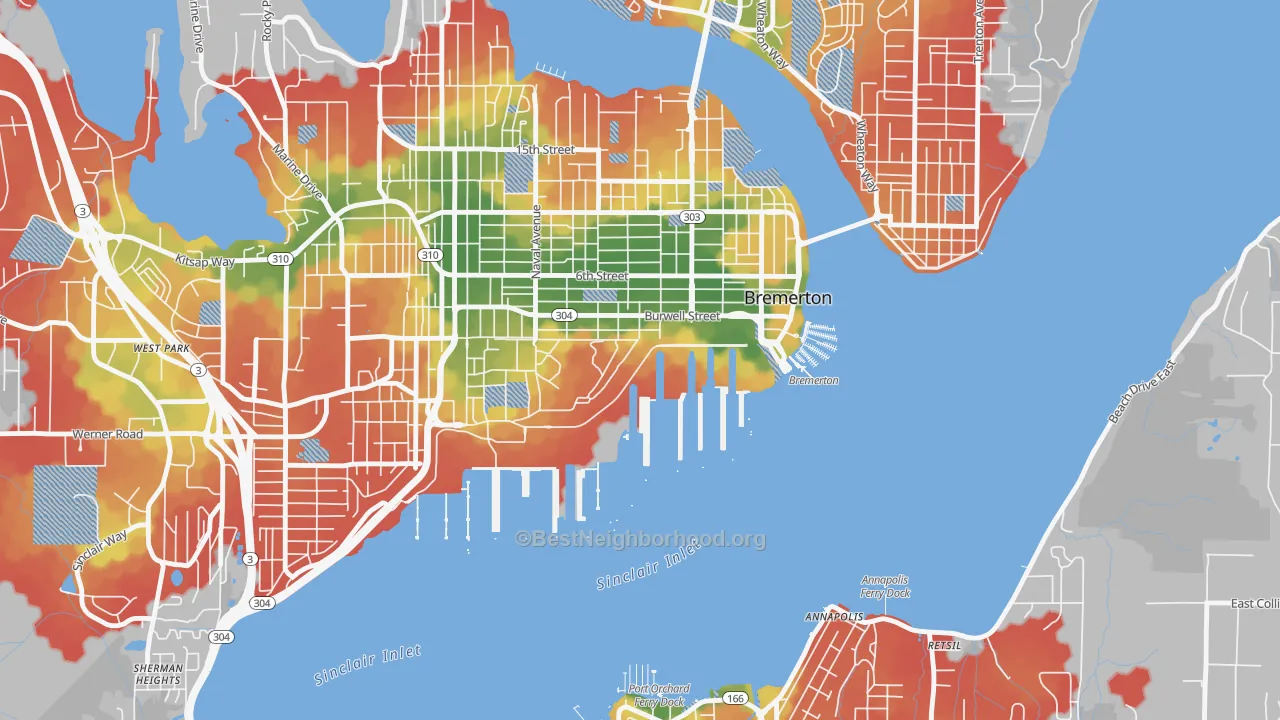 Walk Grade map of 98314, WA, walkable areas in green and car-dependent areas in red