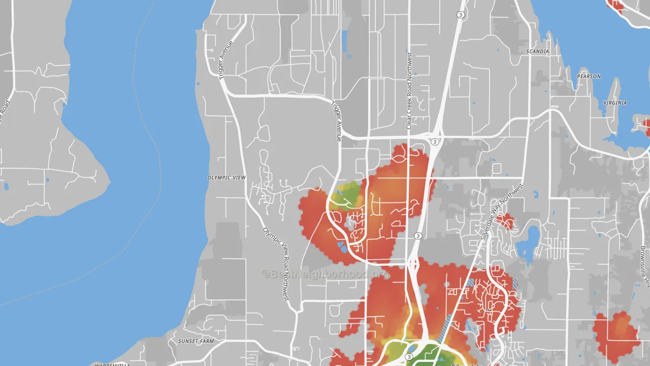 Walk Grade map of 98315, WA, walkable areas in green and car-dependent areas in red
