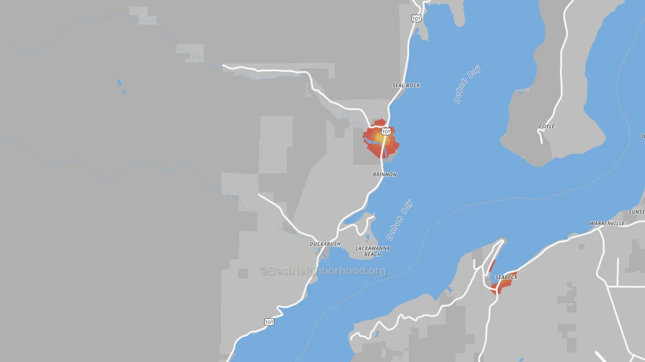 Walk Grade map of 98320, WA, walkable areas in green and car-dependent areas in red