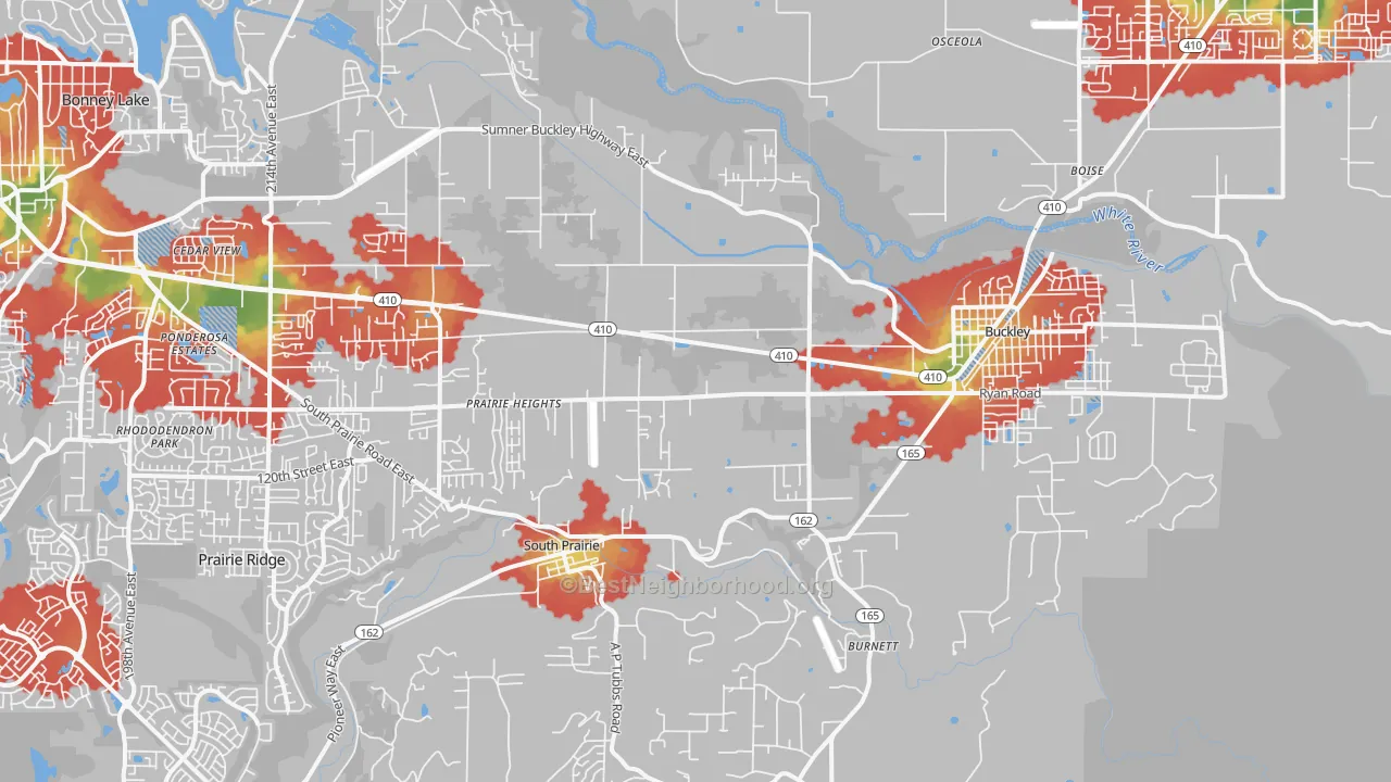 Walk Grade map of 98321, WA, walkable areas in green and car-dependent areas in red