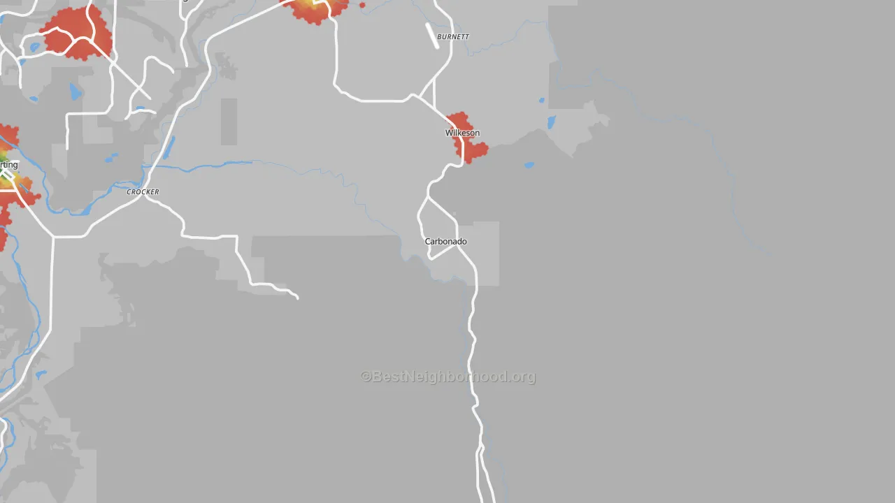 Walk Grade map of 98323, WA, walkable areas in green and car-dependent areas in red