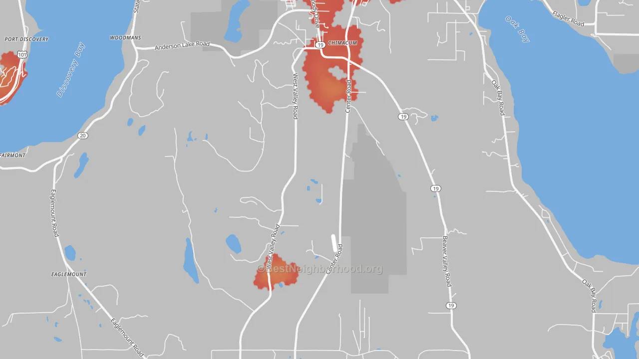 Walk Grade map of 98325, WA, walkable areas in green and car-dependent areas in red