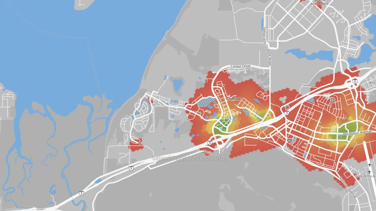 Walk Grade map of 98327, WA, walkable areas in green and car-dependent areas in red