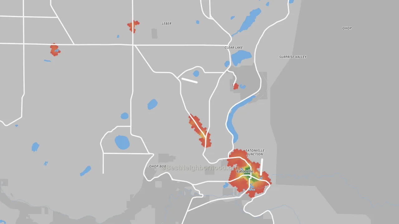 Walk Grade map of 98328, WA, walkable areas in green and car-dependent areas in red