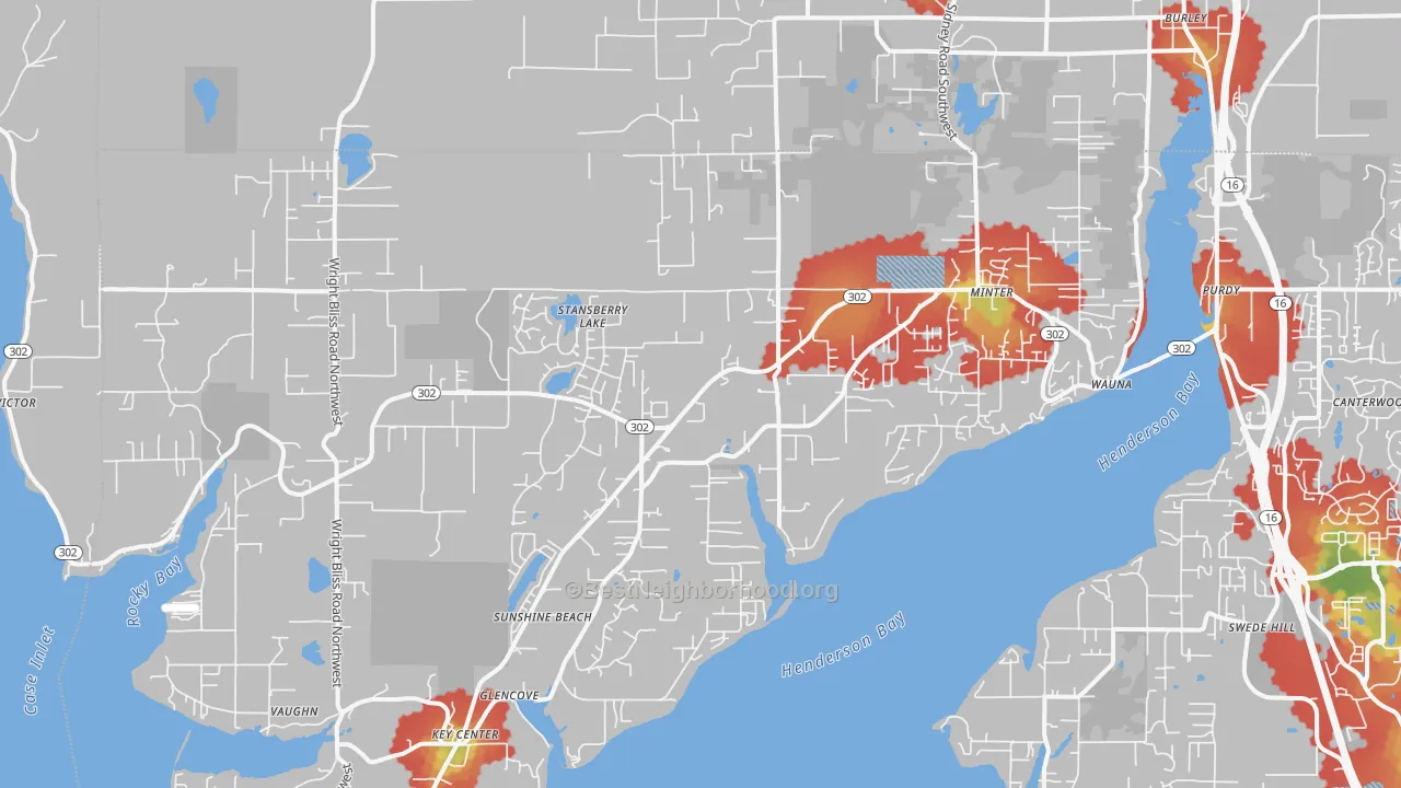 Walk Grade map of 98329, WA, walkable areas in green and car-dependent areas in red