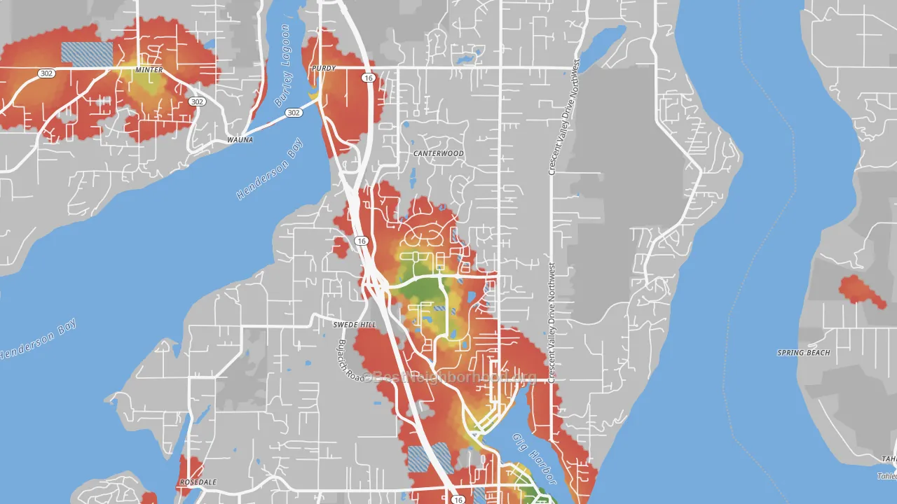 Walk Grade map of 98332, WA, walkable areas in green and car-dependent areas in red