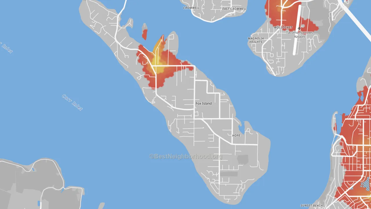 Walk Grade map of 98333, WA, walkable areas in green and car-dependent areas in red