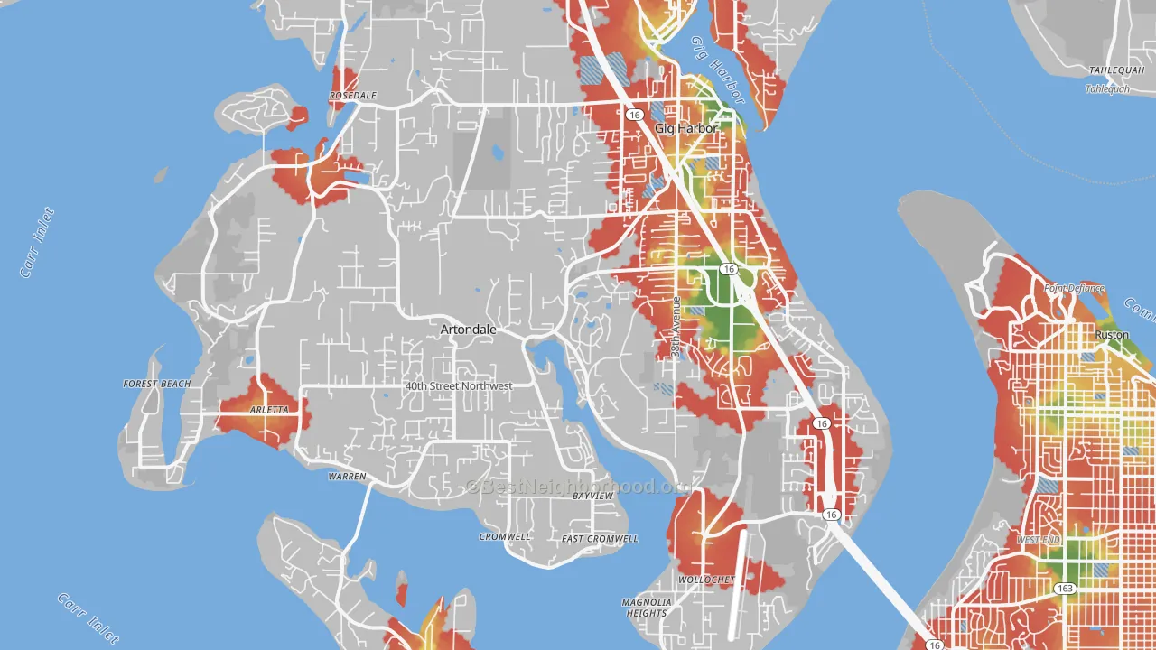 Walk Grade map of 98335, WA, walkable areas in green and car-dependent areas in red