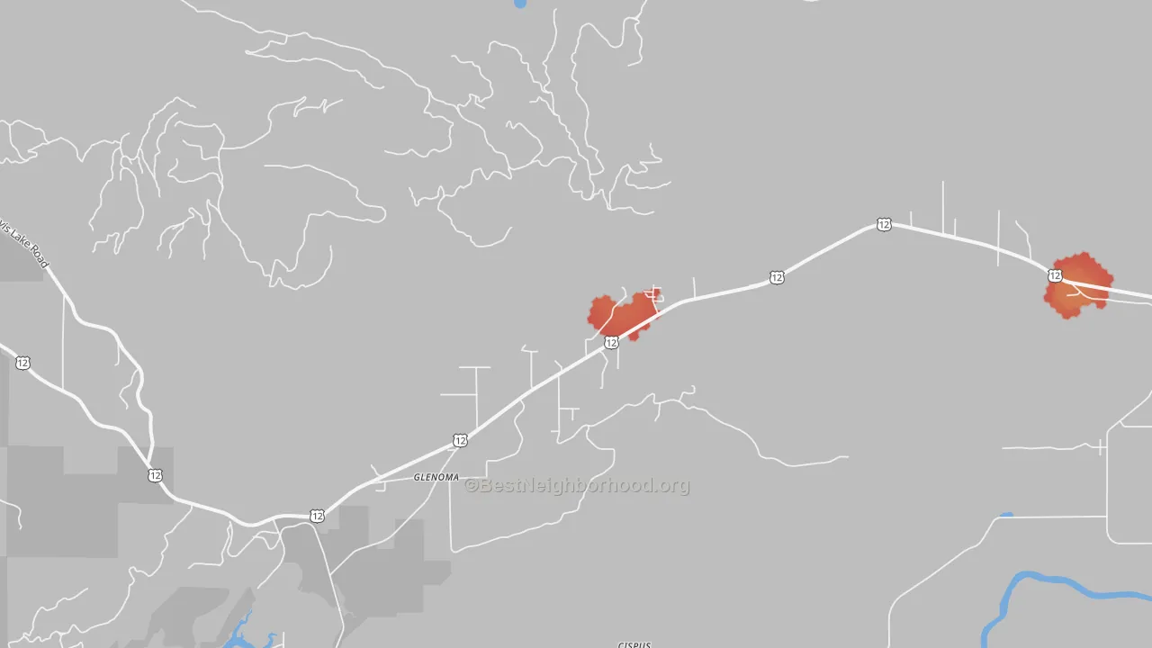 Walk Grade map of 98336, WA, walkable areas in green and car-dependent areas in red