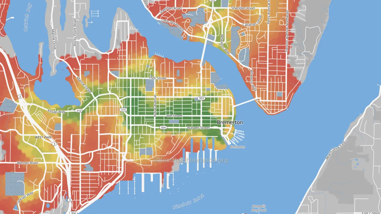Walk Grade map of 98337, WA, walkable areas in green and car-dependent areas in red