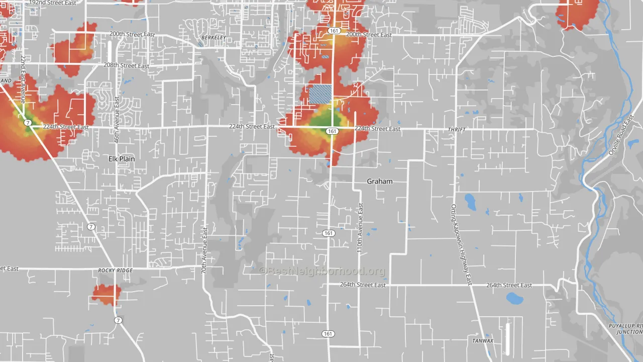 Walk Grade map of 98338, WA, walkable areas in green and car-dependent areas in red