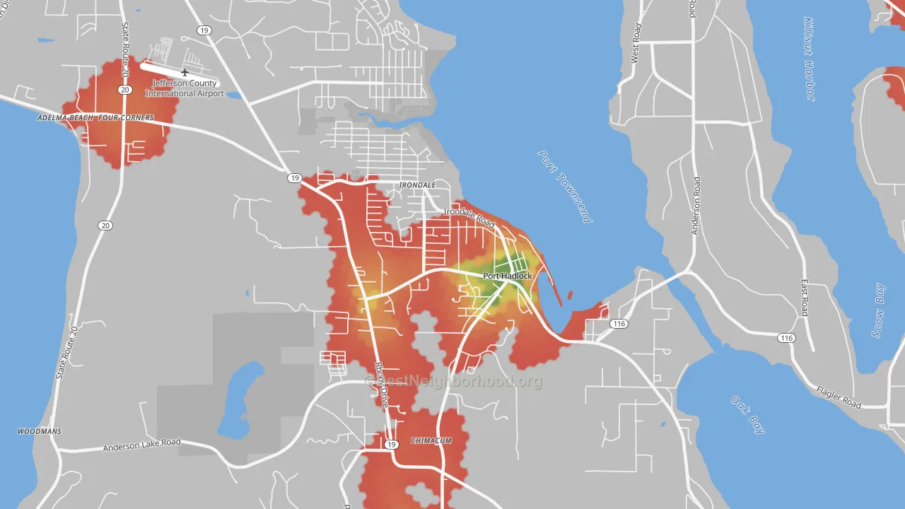 Walk Grade map of 98339, WA, walkable areas in green and car-dependent areas in red