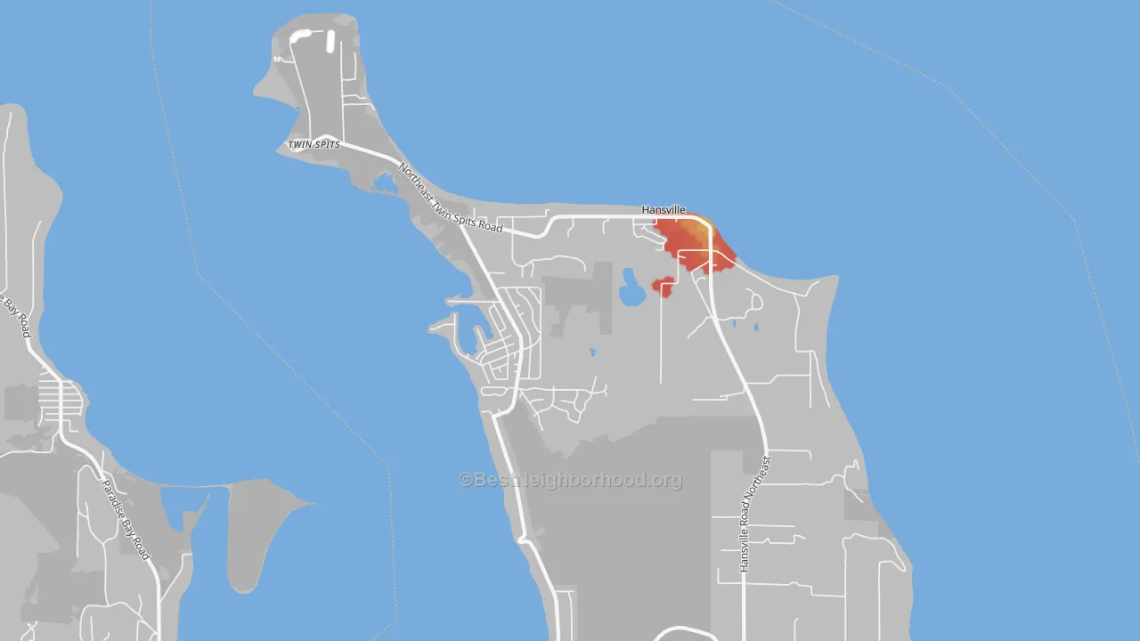 Walk Grade map of 98340, WA, walkable areas in green and car-dependent areas in red