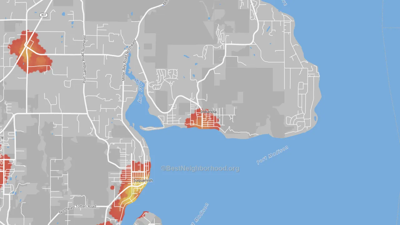 Walk Grade map of 98342, WA, walkable areas in green and car-dependent areas in red