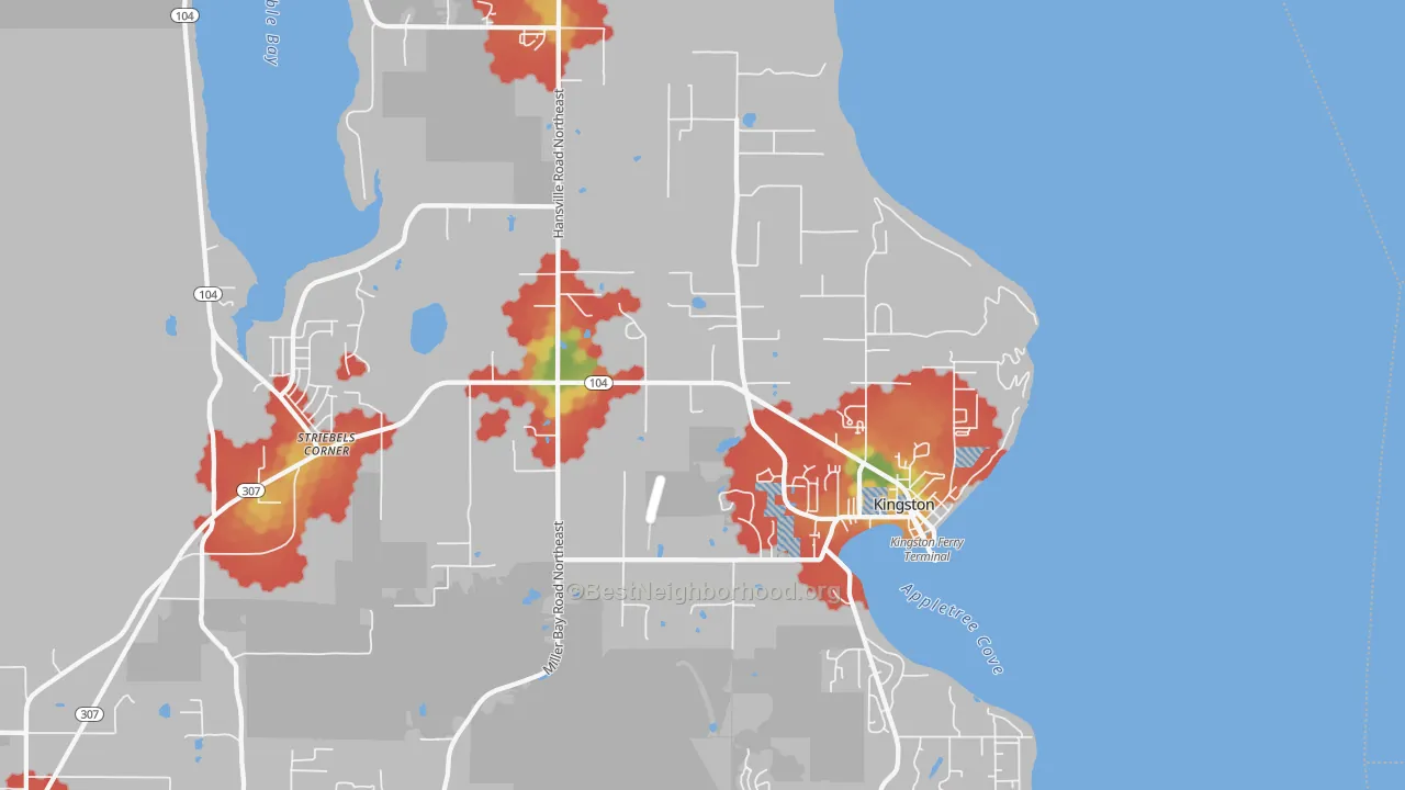 Walk Grade map of 98346, WA, walkable areas in green and car-dependent areas in red