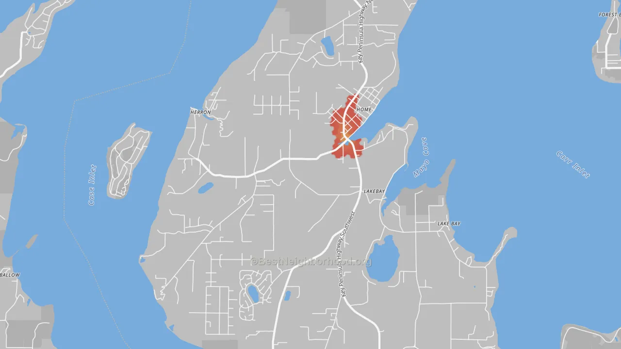 Walk Grade map of 98349, WA, walkable areas in green and car-dependent areas in red