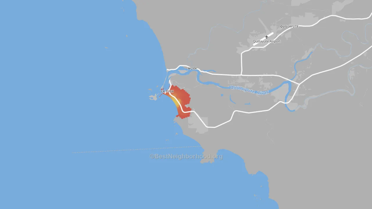 Walk Grade map of 98350, WA, walkable areas in green and car-dependent areas in red