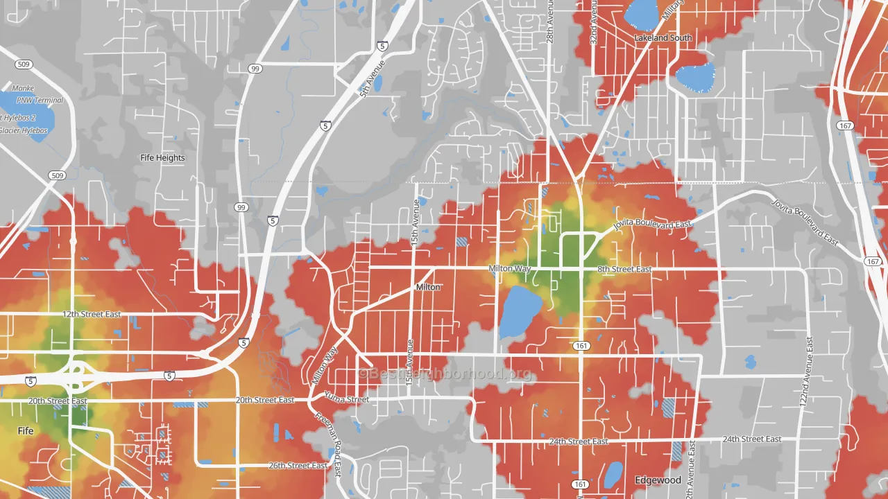 Walk Grade map of 98354, WA, walkable areas in green and car-dependent areas in red
