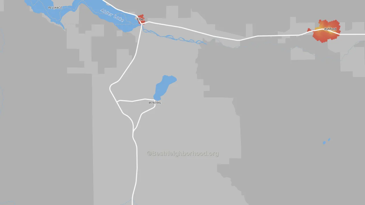 Walk Grade map of 98355, WA, walkable areas in green and car-dependent areas in red