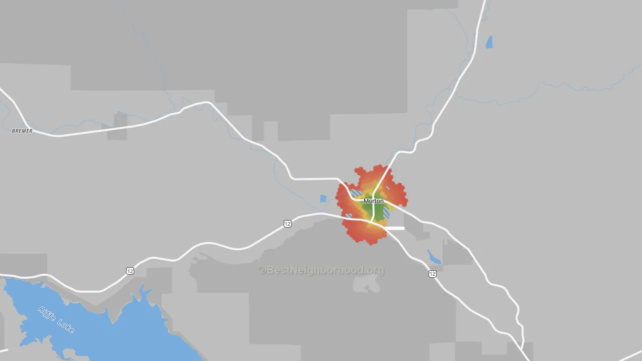 Walk Grade map of 98356, WA, walkable areas in green and car-dependent areas in red