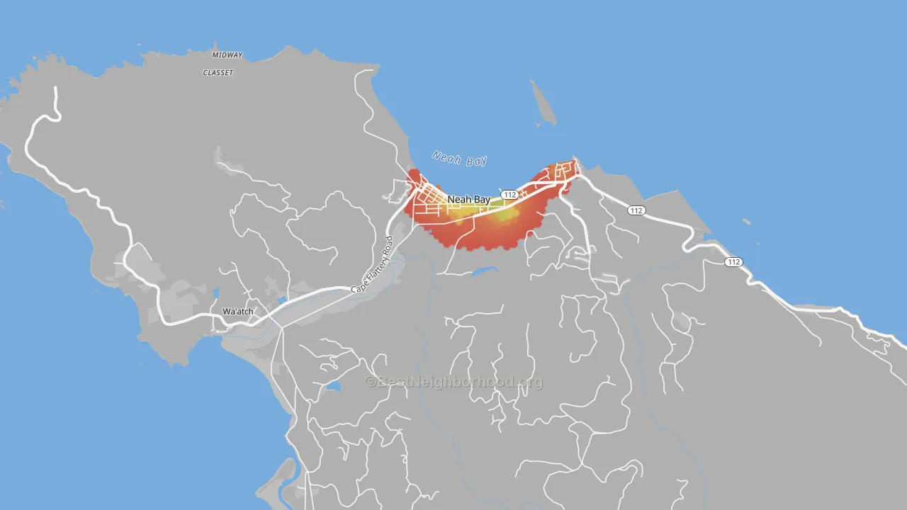 Walk Grade map of 98357, WA, walkable areas in green and car-dependent areas in red