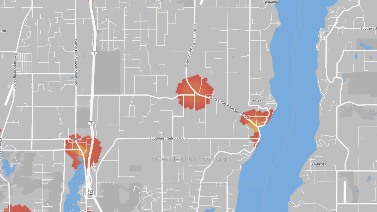 Walk Grade map of 98359, WA, walkable areas in green and car-dependent areas in red