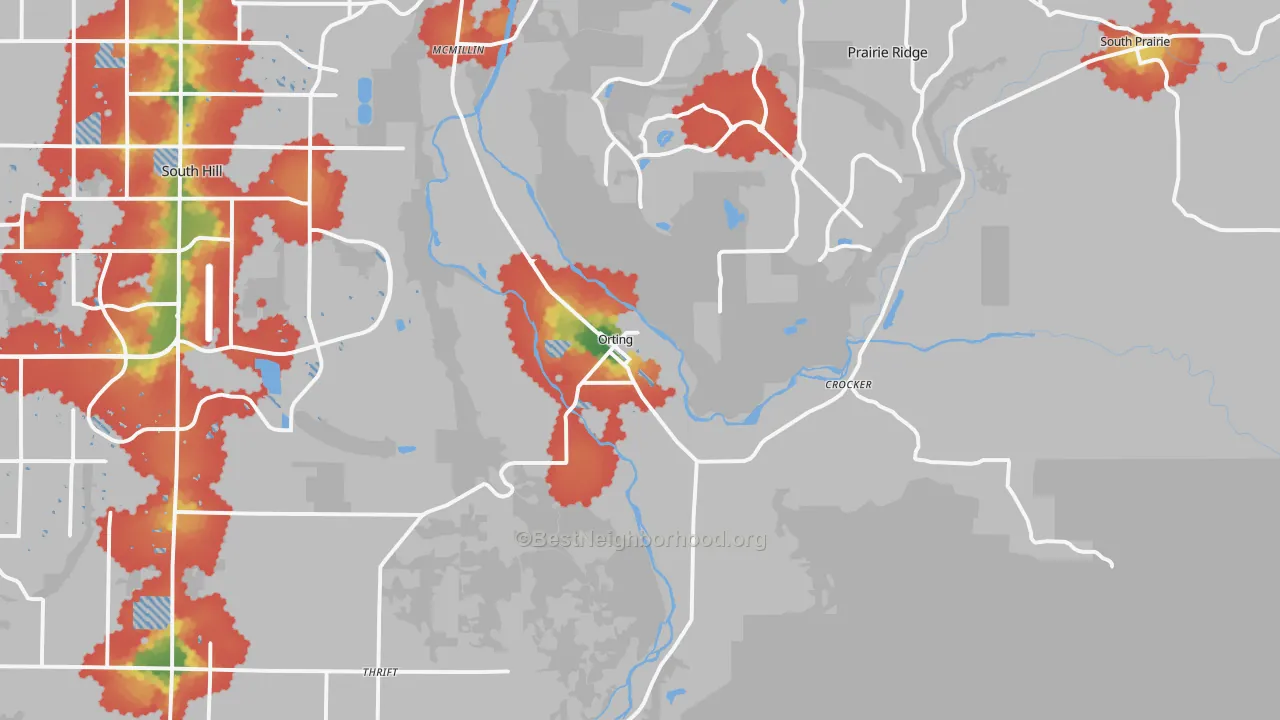 Walk Grade map of 98360, WA, walkable areas in green and car-dependent areas in red