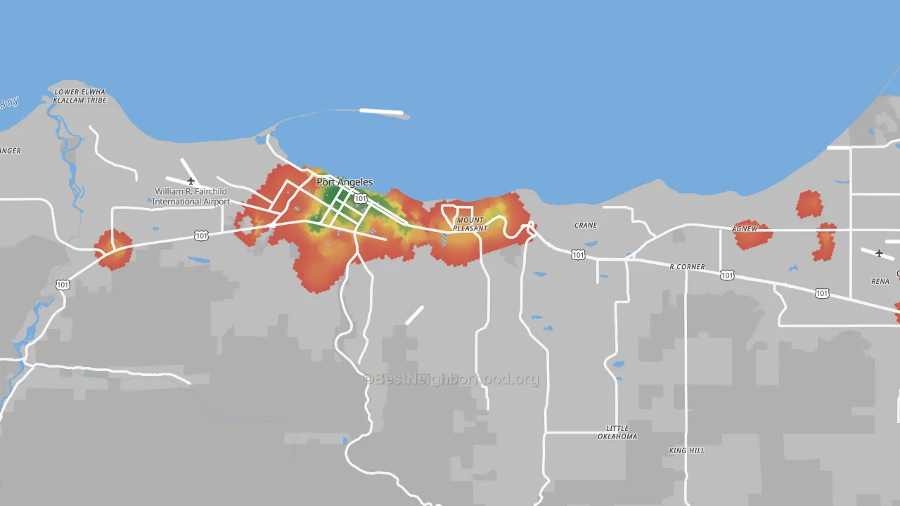 Walk Grade map of 98362, WA, walkable areas in green and car-dependent areas in red
