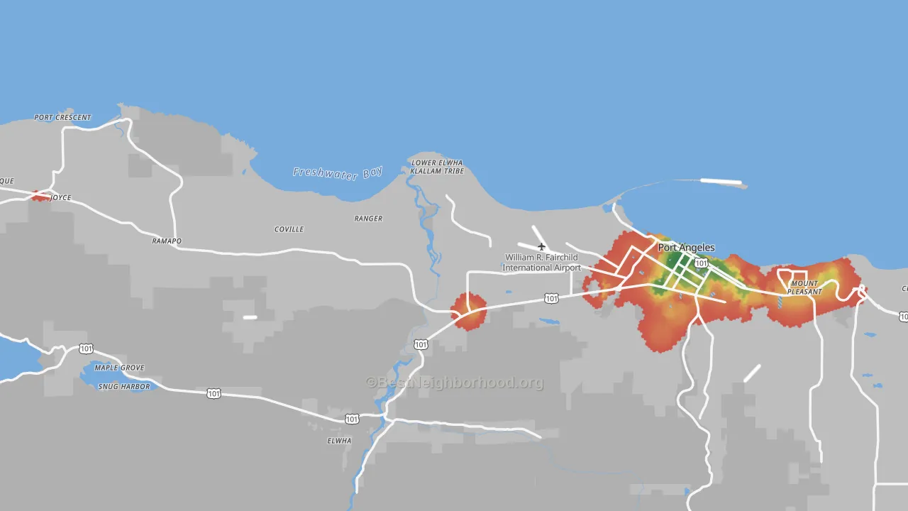 Walk Grade map of 98363, WA, walkable areas in green and car-dependent areas in red