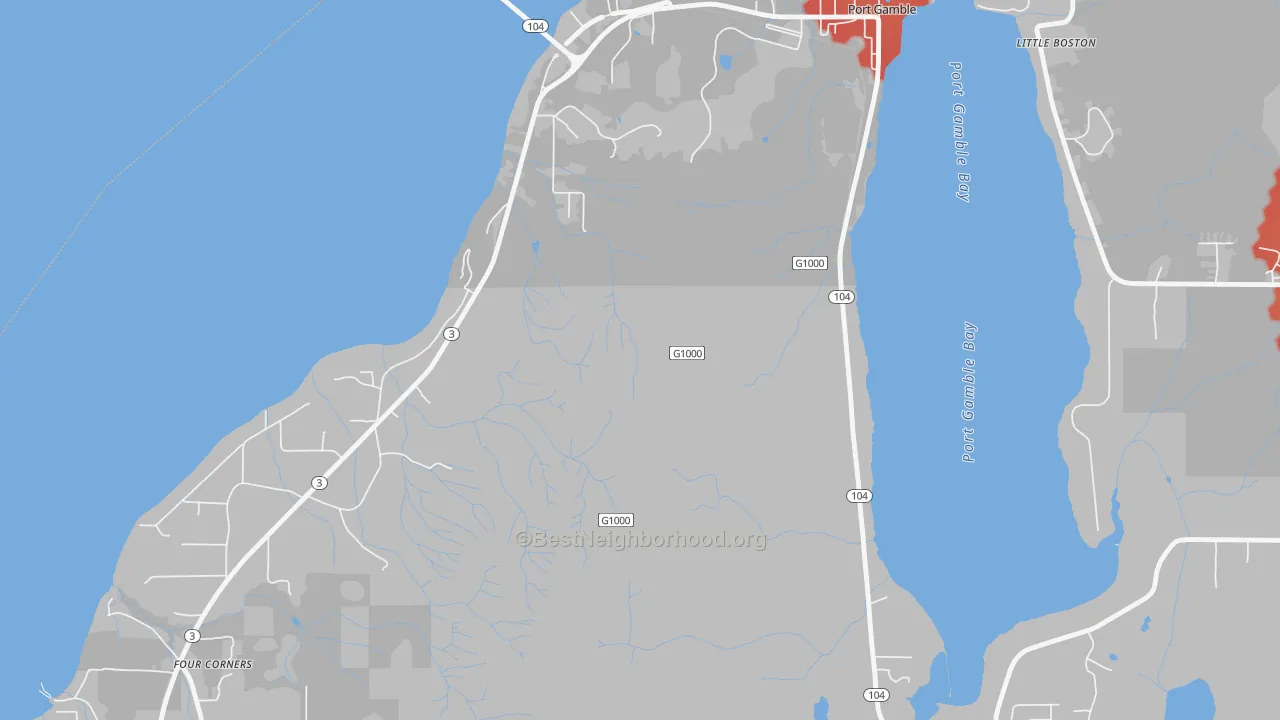 Walk Grade map of 98364, WA, walkable areas in green and car-dependent areas in red