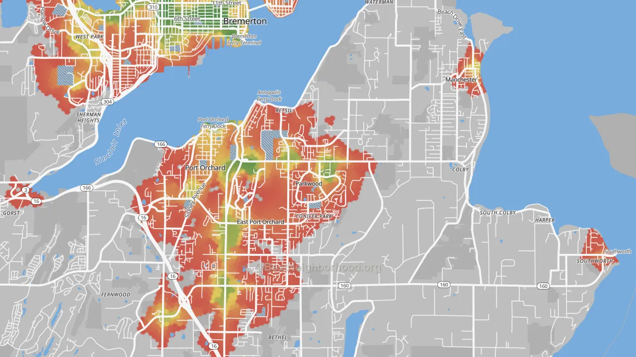 Walk Grade map of 98366, WA, walkable areas in green and car-dependent areas in red